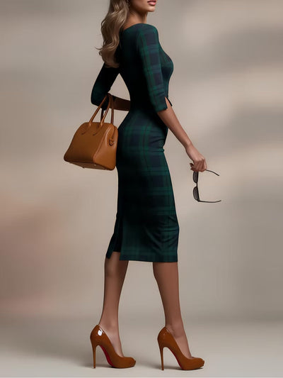 Alessia - Abito midi a quadri con maniche a tre quarti