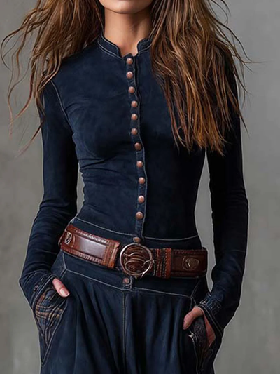 Lucía - Vestito lungo vintage in camoscio con pannelli a quadri blu navy