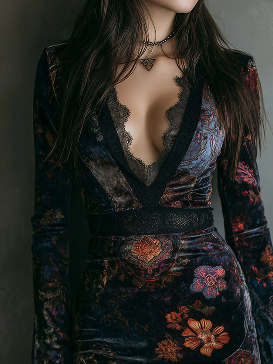 Grazia™ - Vestito Mini Slim-fit in Velluto con Stampa Floreale e Pizzo