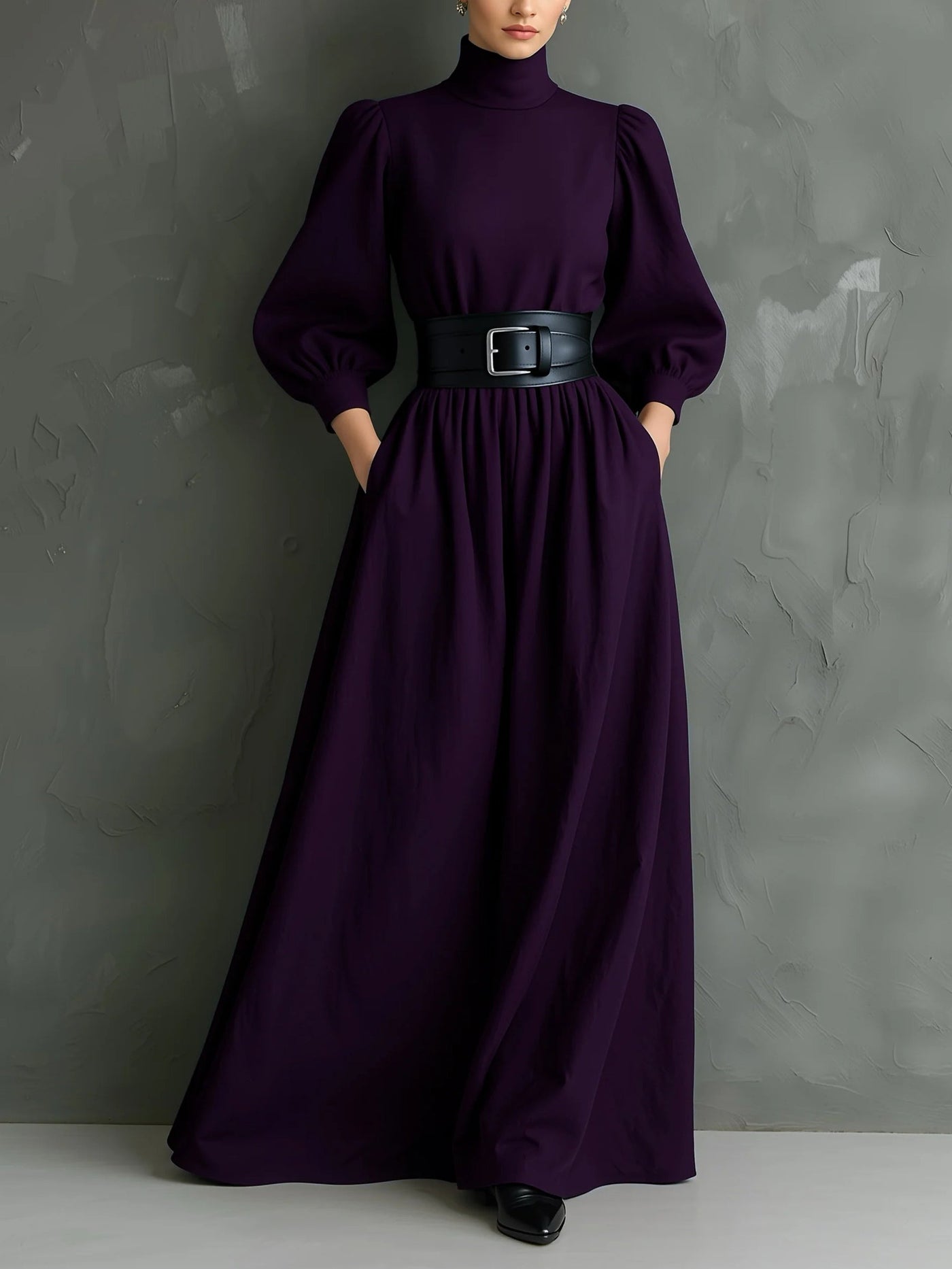 Isabella™ - Elegante abito lungo aderente con collo alto e maniche lunghe color viola scuro (con cintura)