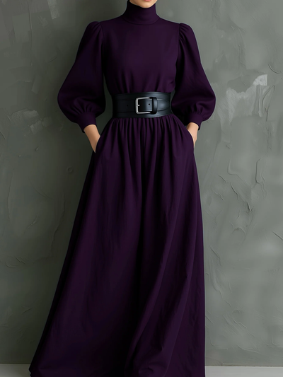 Isabella™ - Elegante abito lungo aderente con collo alto e maniche lunghe color viola scuro (con cintura)